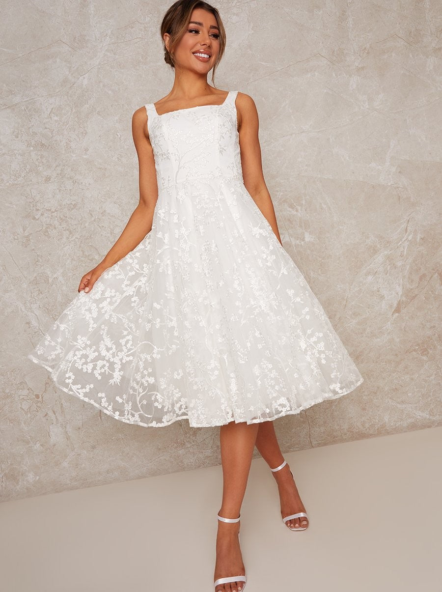 Bridal Sleeveless Square Neck Lace Midi Dress in White