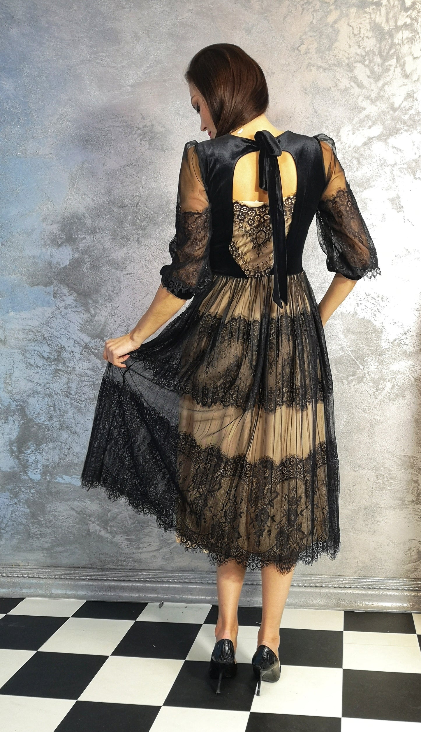 Black Velour Evening Midi Dress