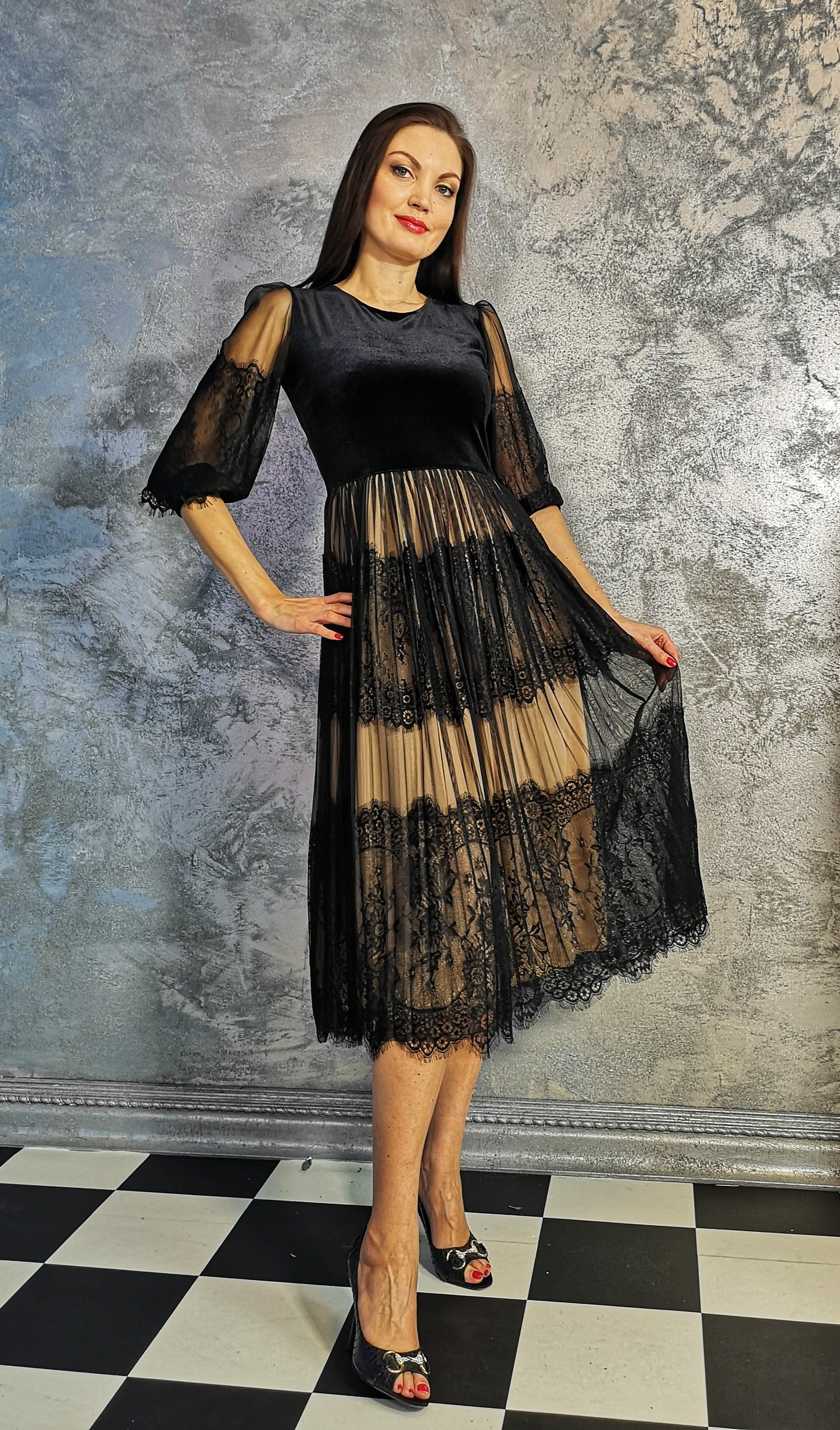 Black Velour Evening Midi Dress